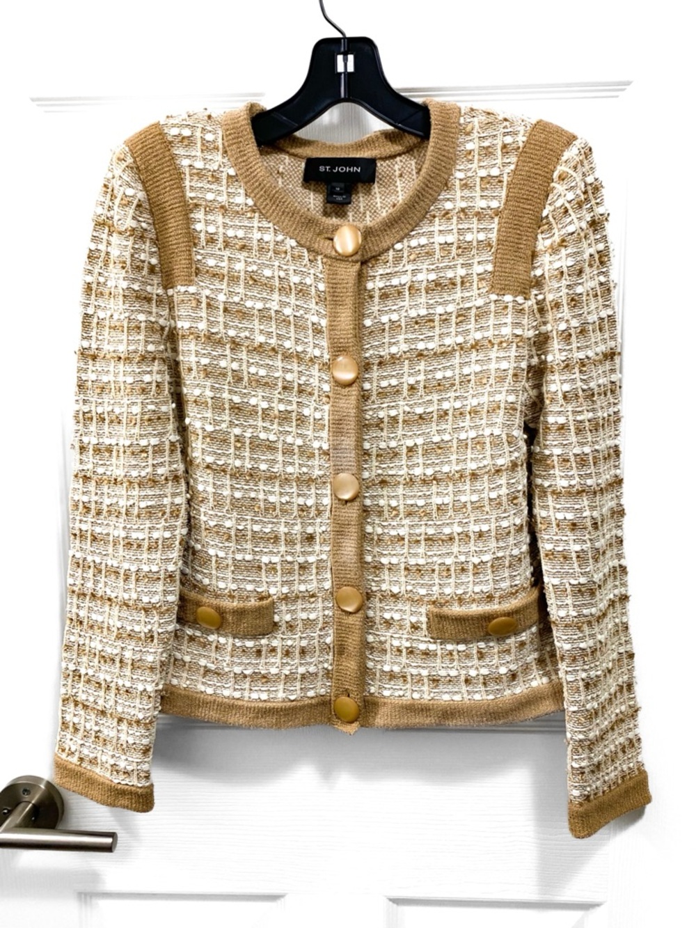 St. John Camel & Cream Button-Front Knit Jacket